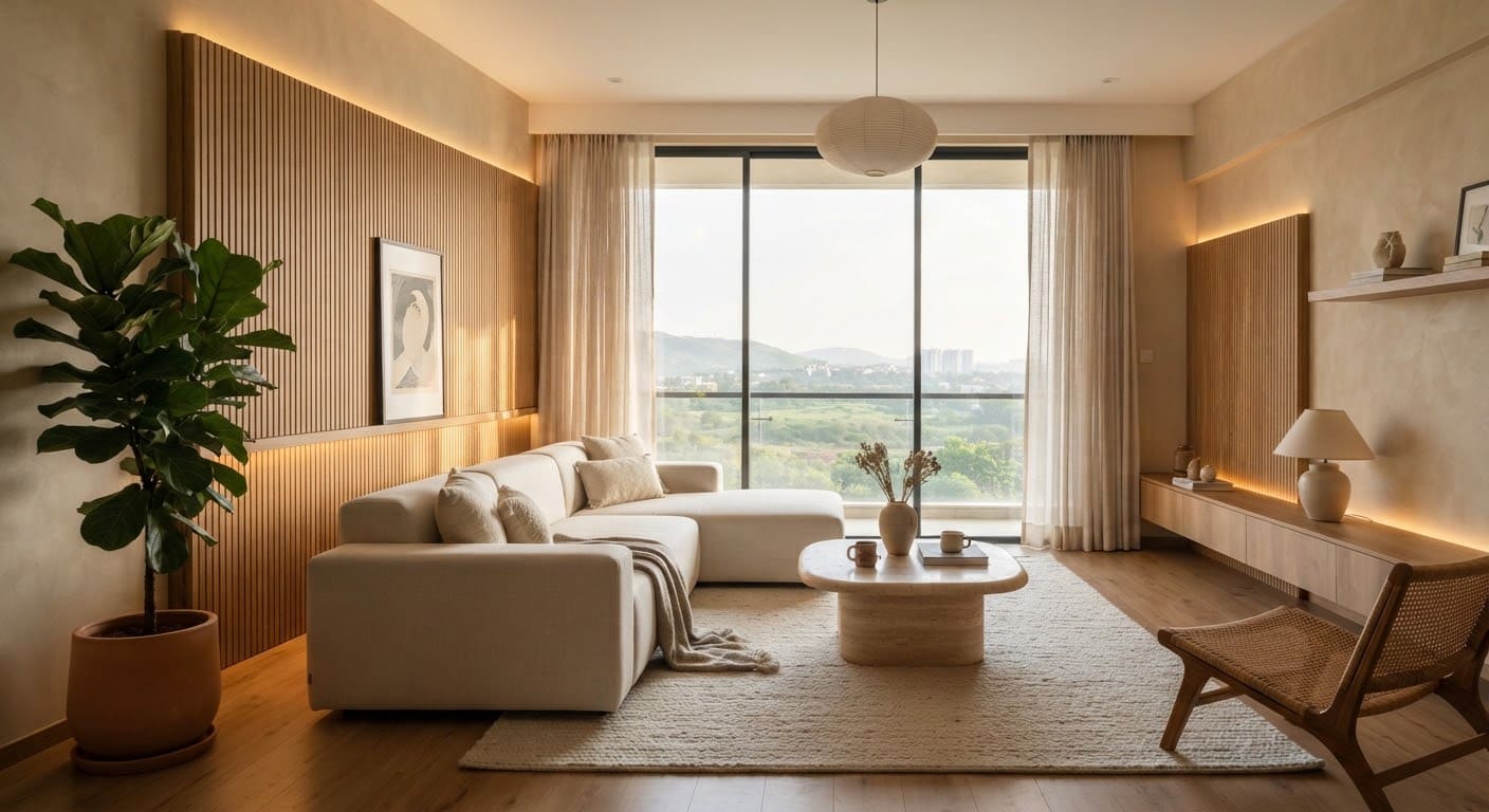 Warm, natural-material interior by the Satkar Interiors studio