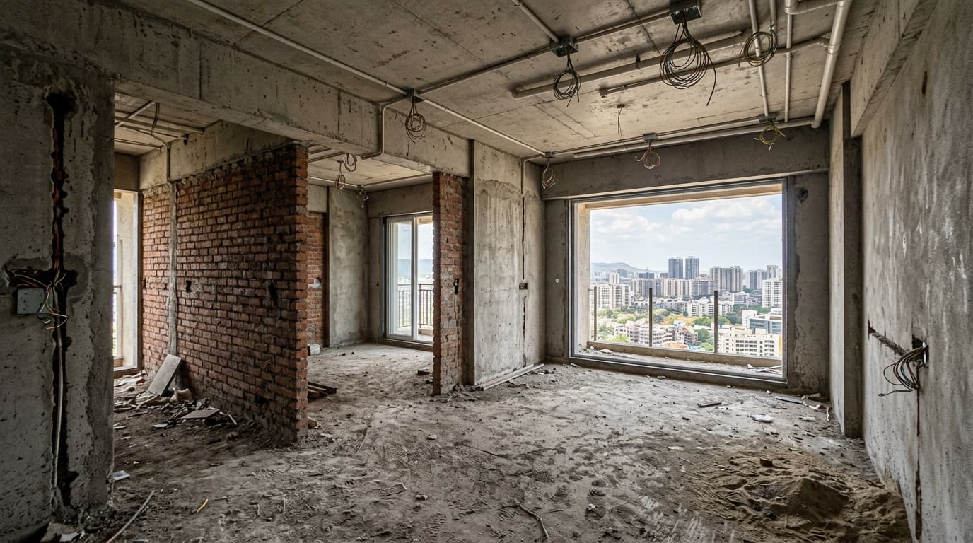 Before: Living room · 3 BHK in Hinjewadi, bare builder shell