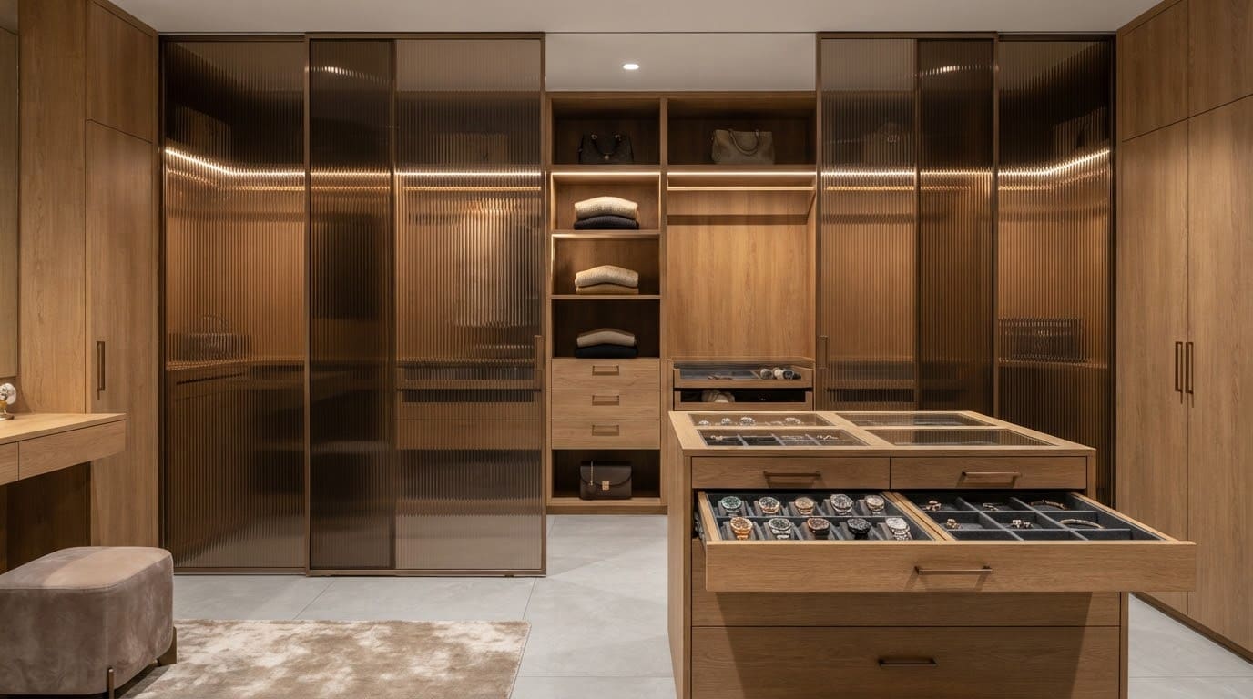 Walk-in Wardrobe, 3 BHK Home, Hinjewadi (Godrej 24, Hinjewadi Phase 1), interior design by Satkar Interiors