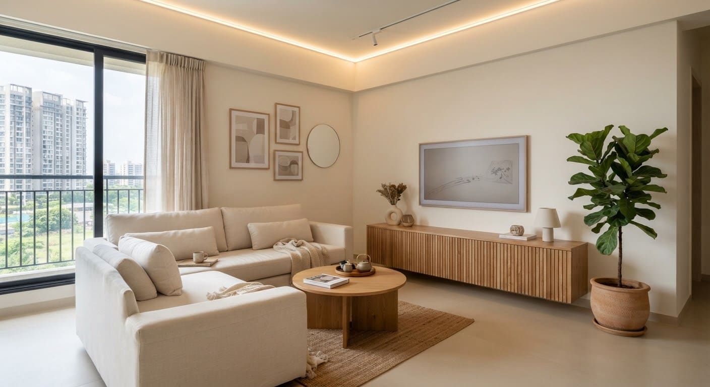 Living Room, 3 BHK Family Home, Punawale (Kohinoor Coral, Punawale), interior design by Satkar Interiors