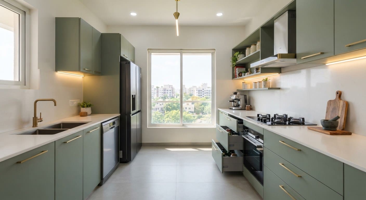 Kitchen, Parallel Kitchen, Wakad (Datta Mandir Road, Wakad), interior design by Satkar Interiors