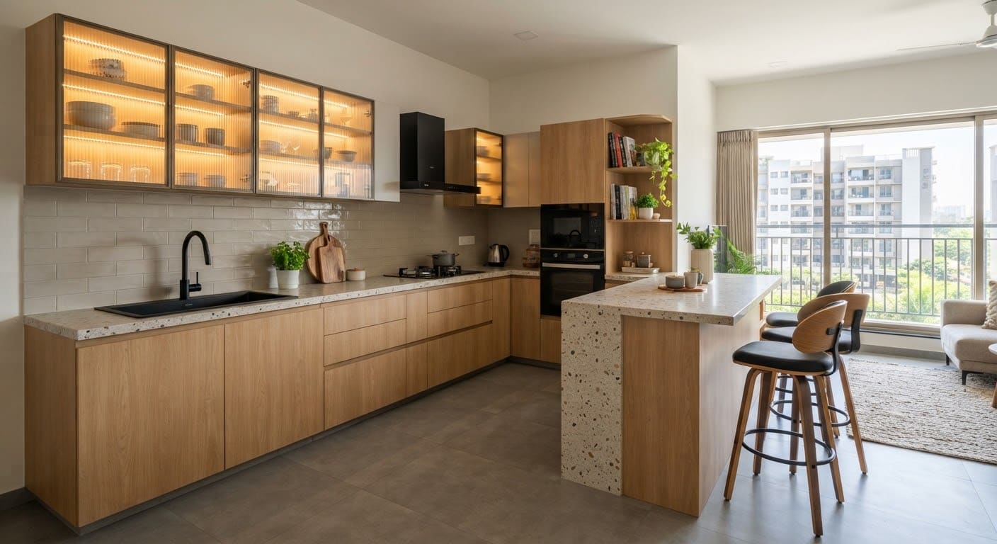 Kitchen, L-Shaped Kitchen, Punawale (Sentosa Enclave, Punawale), interior design by Satkar Interiors